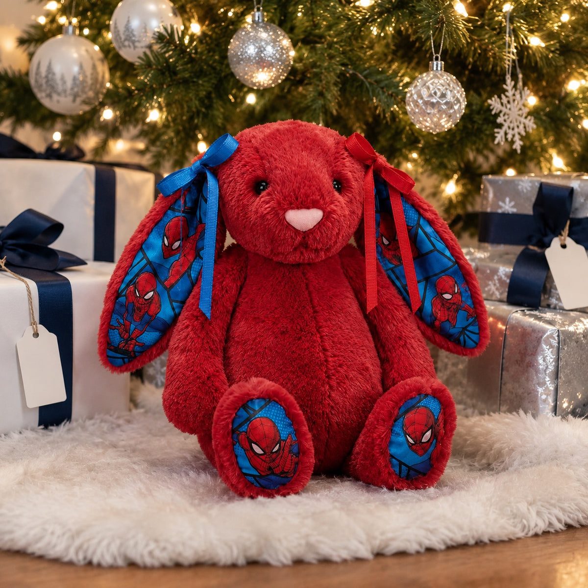Holiday gift idea: red bunny plush with print ears under the Christmas tree
