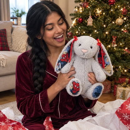 Holiday gift idea: woman unwrapping a grey bunny plush on Christmas morning