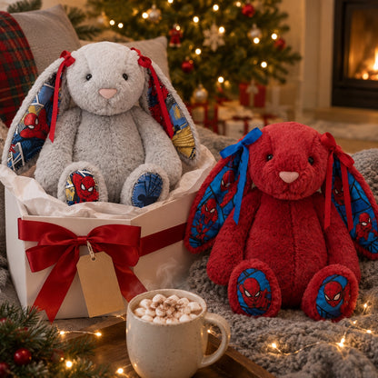 Holiday gift idea: grey and red bunny plushies, one gifted and one kept